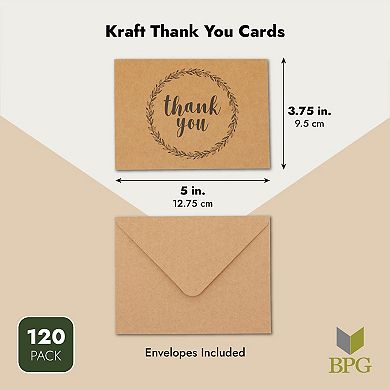 120-bulk Pack Brown Thank You Notes With Envelopes, Blank Inside, 3.5x5 In