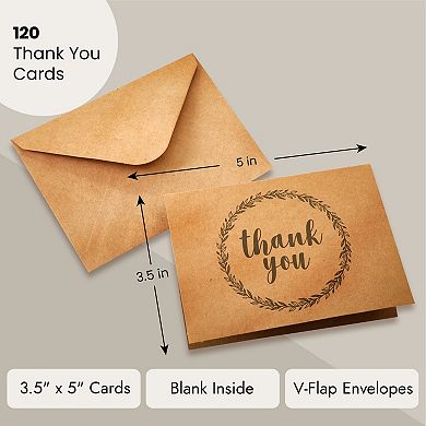 120-bulk Pack Brown Thank You Notes With Envelopes, Blank Inside, 3.5x5 In