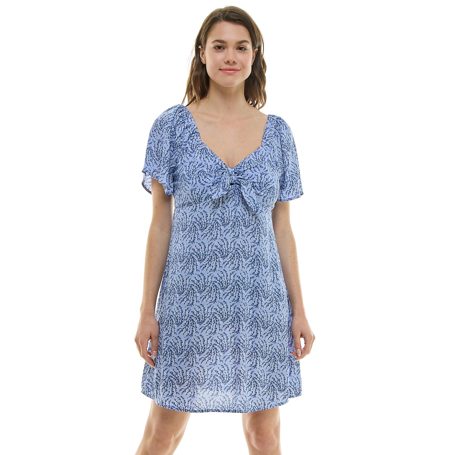Juniors' As U Wish Tie-Front Skater Dress - Blue Floral (SMALL)