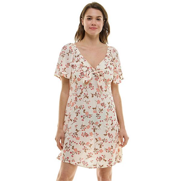 Juniors' As U Wish Tie-Front Skater Dress - Ivory Floral (SMALL)