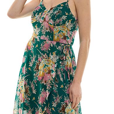 Juniors' Lily Rose Molded Cup Floral Print High-Low Chiffon Maxi Dress