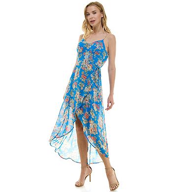 Juniors' Lily Rose Molded Cup Floral Print High-Low Chiffon Maxi Dress