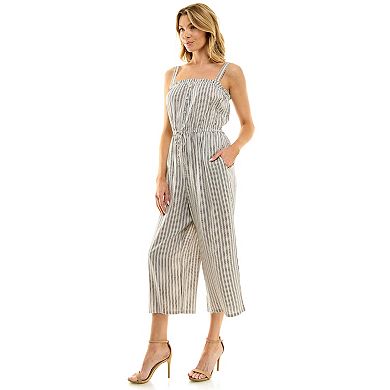 Juniors' Lily Rose Striped Square Neck Tie Waist Cropped Jumpsuit