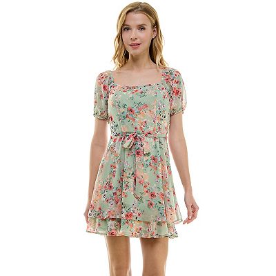 Juniors' Lily Rose Chiffon Floral Print Puff Sleeve Tiered Mini Skater Dress