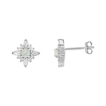 PRIMROSE Sterling Silver Pave Cubic Zirconia & Opal Center Stone Flower Stud Earrings