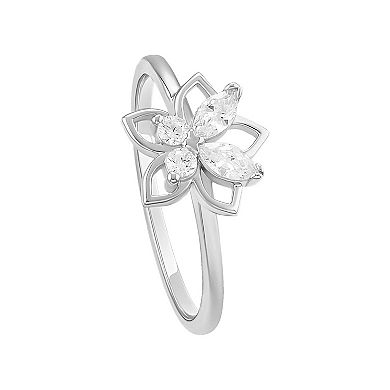 PRIMROSE Sterling Silver Polished Pave Cubic Zirconia Flower Band Ring