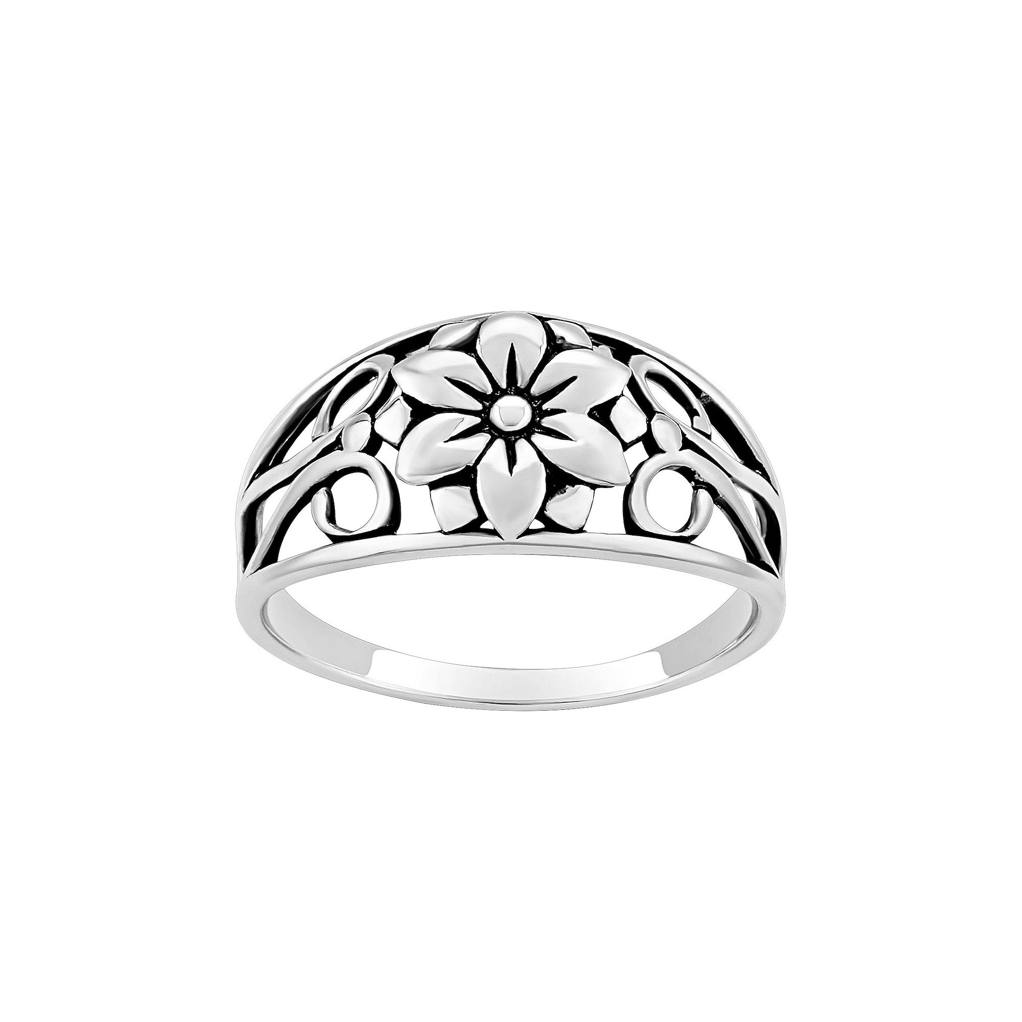 PRIMROSE Sterling Silver Polished Oxidized Flower Graduated Band Ring, Wome
