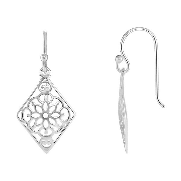 PRIMROSE Sterling Silver Polished Flower Filigree Diamond Shape Drop Earrings - Silver Tone