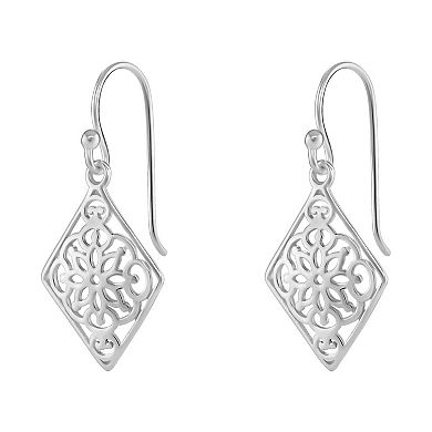 PRIMROSE Sterling Silver Polished Flower Filigree Diamond Shape Drop Earrings