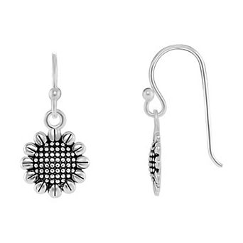 PRIMROSE Sterling Silver Polished Oxidized Sunflower Drop Earrings