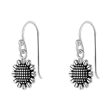 PRIMROSE Sterling Silver Polished Oxidized Sunflower Drop Earrings