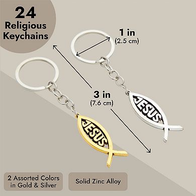 24 Pack Metal Jesus Fish Keychains, Christian Gifts, Silver And Gold-colored