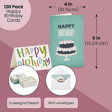 120 Pack 4x6-inch Happy Birthday Cards With Envelopes (12 Assorted Designs)
