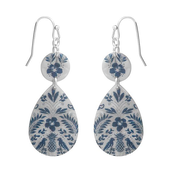 LC Lauren Conrad Silver Tone Floral Print Drop Earrings - Blue