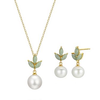 Classic Treasures 18K Gold Plated Silver Genuine Pearl and Jade Earring and Necklace Set