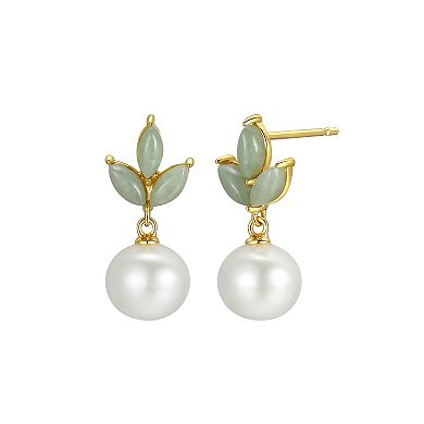 18K Gold Plated Silver Genuine Pearl and Jade Earring and Necklace Set