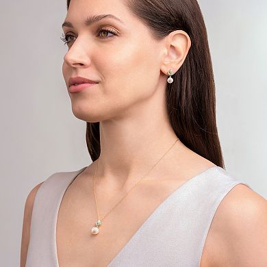 18K Gold Plated Silver Genuine Pearl and Jade Earring and Necklace Set