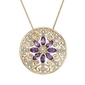 Classic Treasures 18K Gold Over Silver Genuine African Amethyst and Diamond Accent Mandala Medallion Pendant