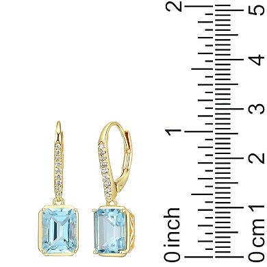 18K Gold Over Silver Genuine Blue and White Topaz Leverback Earrings
