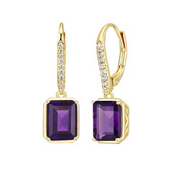 Classic Treasures 18K Gold Over Silver Genuine Amethyst and White Topaz Leverback Earrings