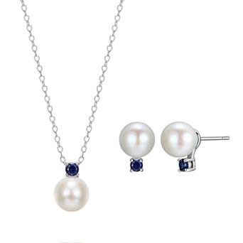 Classic Treasures Rhodium Over Silver Cultured Freshwater Pearl and Created Blue Sapphire Earring and Pendant Set