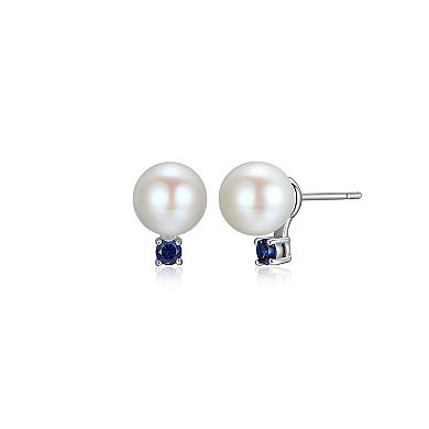 Rhodium Over Silver Cultured Freshwater Pearl and Created Blue Sapphire Earring and Pendant Set