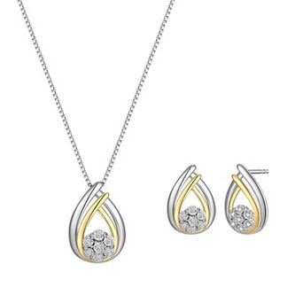 Classic Treasures Two Tone Sterling Silver 1/10 Carat T.W. Diamond Teardrop Earrings and Pendant Necklace Set