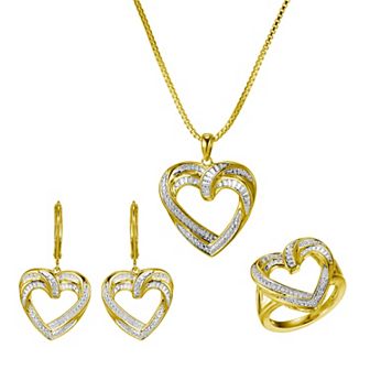 Classic Treasures Gold Tone Diamond Accent Open Heart Earrings, Pendant and Ring Set