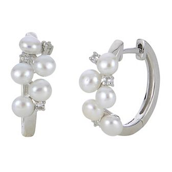 PearLustre by Imperial Sterling Silver Freshwater Cultured Pearl & Lab-Created White Sapphire Cluster Hoop Earrings
