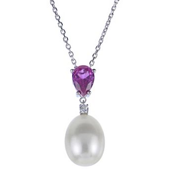 PearLustre by Imperial Sterling Silver Freshwater Cultured Pearl & Lab-Created Pink and White Sapphire Pendant Necklace