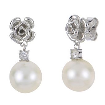 PearLustre by Imperial Sterling Silver Freshwater Cultured Pearl & Lab-Created White Sapphire Rosette Drop Earrings