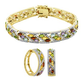 Classic Treasures Gold Tone Semi-Precious Rainbow Gemstone Bangle Bracelet and Hoop Earring Set