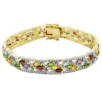 Classic Treasures Gold Tone Semi-Precious Rainbow Gemstone Bangle Bracelet and Hoop Earring Set