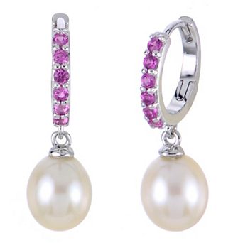 PearLustre by Imperial Sterling Silver Freshwater Cultured Pearl & Lab-Created Pink Sapphire Hinged Hoop Earrings