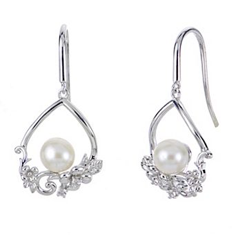 PearLustre by Imperial Sterling Silver Freshwater Cultured Pearl & Lab-Created White Sapphire Flower Drop Earrings