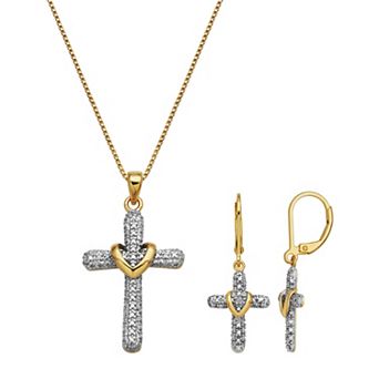 Classic Treasures 18K Gold Over Sterling Silver Diamond Accent Cross Earrings and Pendant Necklace Set