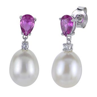 PearLustre by Imperial Sterling Silver Freshwater Cultured Pearl & Lab-Created Pink and White Sapphire Drop Earrings
