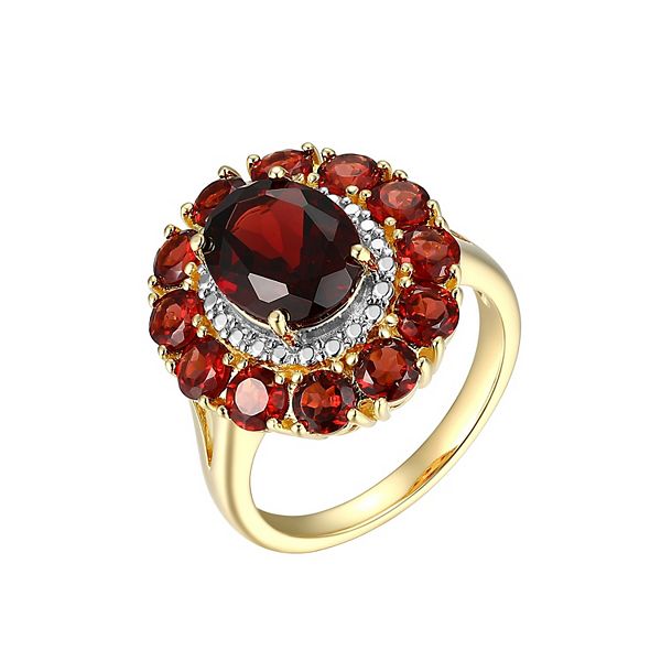 18K Gold Over Silver Genuine Garnet and Diamond Accent Halo Ring