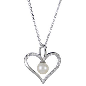 PearLustre by Imperial Sterling Silver Freshwater Cultured Pearl & Lab-Created White Sapphire Heart Pendant Necklace