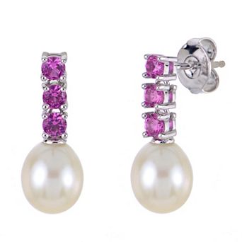 PearLustre by Imperial Sterling Silver Freshwater Cultured Pearl & Lab-Created Pink Sapphire Drop Earrings