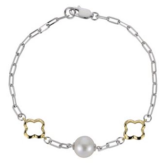 PearLustre by Imperial Two Tone Sterling Silver Freshwater Cultured Pearl Clover Station Bracelet