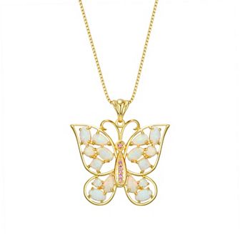 Classic Treasures 18K Gold Over Silver Created Opal and Created Pink Sapphire Butterfly Pendant