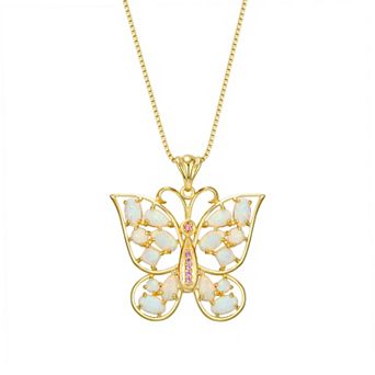 Classic Treasures 18K Gold Over Silver Created Opal and Created Pink Sapphire Butterfly Pendant