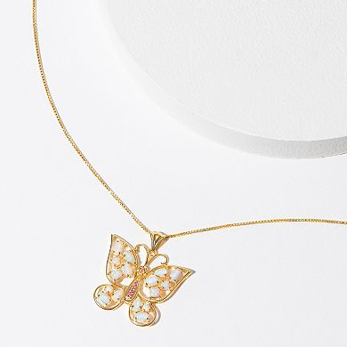 Classic Treasures 18K Gold Over Silver Created Opal and Created Pink Sapphire Butterfly Pendant