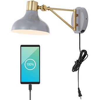 Lynn Swing Arm Modern Midcentury Iron Usb Charging Port Led Sconce