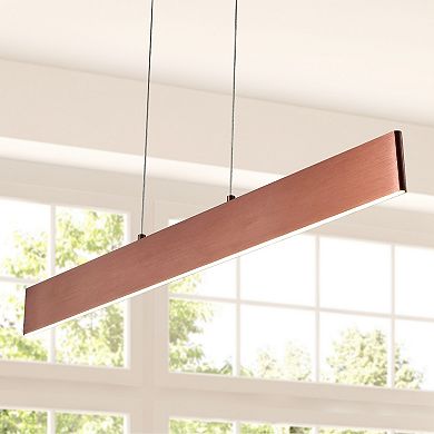 Draper 32" Adjustable Integrated Led Metal Linear Pendant, Light Brown Wood Finish