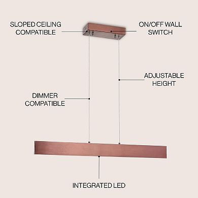 Draper 32" Adjustable Integrated Led Metal Linear Pendant, Light Brown Wood Finish