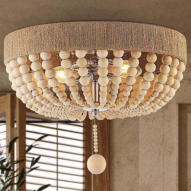 Justina Wood Bead Farmhouse Bohemian Iron Led Flush Mount