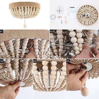 Justina Wood Bead Farmhouse Bohemian Iron Led Flush Mount