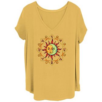 Juniors' Plus Celestial Sun And Moon Zodiac Cluster V-Neck Graphic Tee